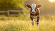 A young cow is running through a field of grass