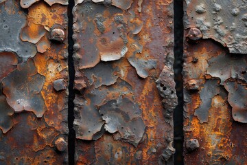 Poster - Aged and weathered metal texture with layers of rust and peeling paint, embodying decay and the passage of time