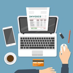Fototapete - Conferma del pagamento online su laptop  con carta di credito, fattura invoice - illustrazioni