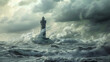 A lighthouse is in the middle of a stormy sea