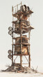 A tall, rusted structure with a lot of clocks on it
