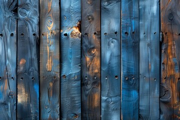 Poster - A detailed image of blue painted wooden planks showing the texture of the wood and the peeling paint