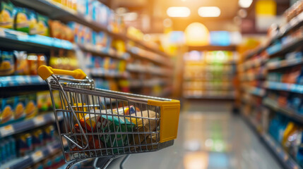 a shopping cart is in a store aisle with many items on it