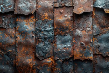 Poster - Close-up of corroded iron surface with rusty metal sheets riveted together