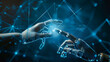 Wireframed Robot hand connecting with human hand on light background , White cyborg hand is touching a human hand and cloud storage that allows for faster and easier access to information can store 