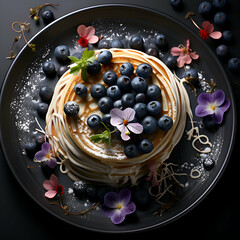 Wall Mural - Pancakes with blueberries and wildflowers on black plate