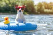 Small Dog Wearing Sunglasses on Raft With Rubber Duck