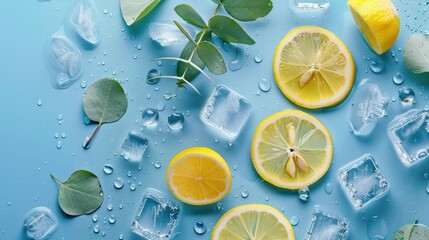 fresh sliced lemon and lime fruits on a blue background with ice cubes and waterdrops