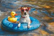 Dog Wearing Sunglasses Sitting in Pool With Rubber Duck