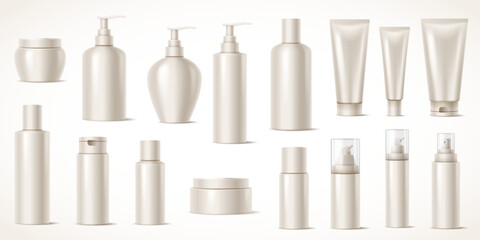 Wall Mural - Blank cosmetic products containers realistic vector illustration set. Different refillable packages 3d objects on white background