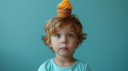 Playful young boy with a colorful cupcake balanced on his head against a bright blue background