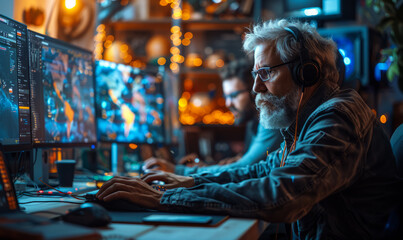 Wall Mural - Professional Cyberpunk gamer in headphones and glasses he sits at the table and plays games on the computer in the dark with neon light. He is in good mood and looks at the monitor