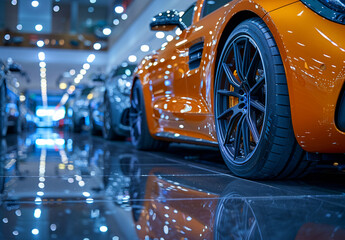 Wall Mural - Orange sports car parked in showroom with shiny floor and reflection