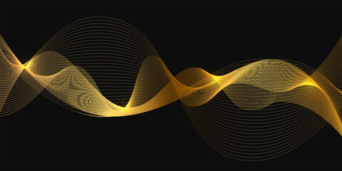 Poster - Gold abstract waves, golden line landscape vector illustration isolated on black background. Luxury glitter shiny swirls pattern. Elegant modern design element