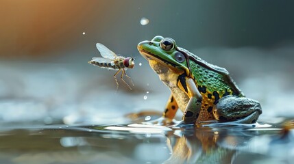 Frog catching a damsel fly.