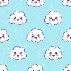Wall Mural - white kawaii little clouds with smiling faces on blue background. vector seamless pattern.