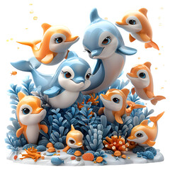 Wall Mural - A 3D animated cartoon render of a dolphin leading a team of sea creatures to victory.