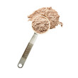 A scoop of whey protein powder on a measuring spoon, ready for blending into a nutritious shake, symbolizing fitness and recovery, isolated on transparent background
