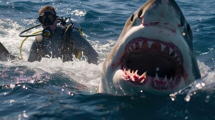 Wall Mural - Great white shark about to attack a diver.