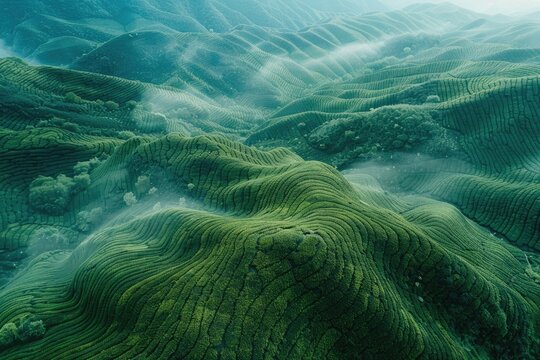 aerial view of natural big green beautiful mountainous hills covered with fog and clouds in the morning