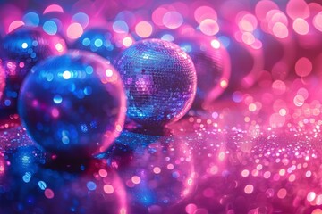 Poster - A cluster of blue disco balls cast vivid pink reflections on a sparkling backdrop