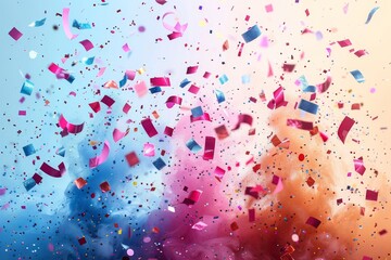 Poster - Dynamic burst of colorful paper confetti captured in motion against a blended pastel background suggesting celebration and excitement