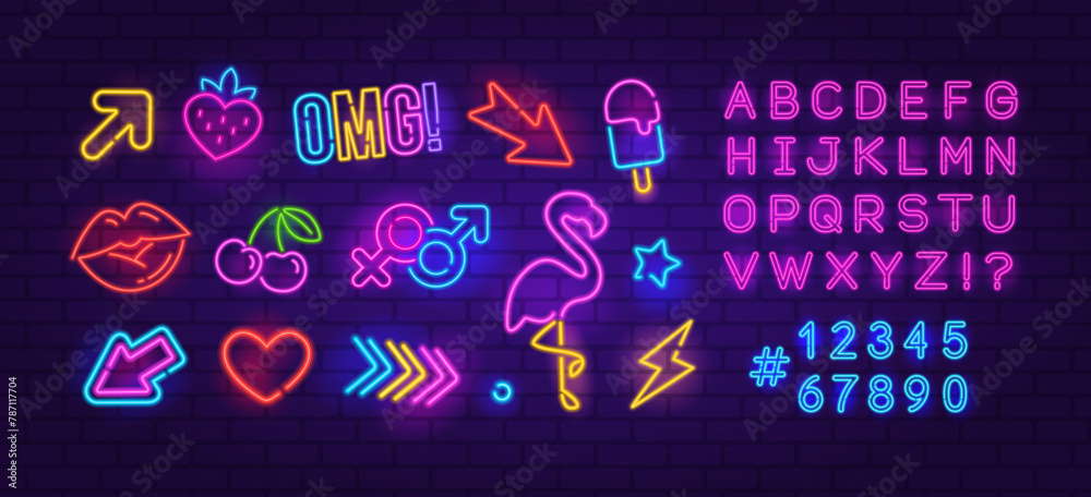 Perfect Neon Sign set 6 on brick wall background. Editable neon icons ...