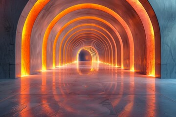 Poster - Majestic and futuristic image featuring a tunnel with arches illuminated in cool blue and orange hues, reflecting off the sleek floor