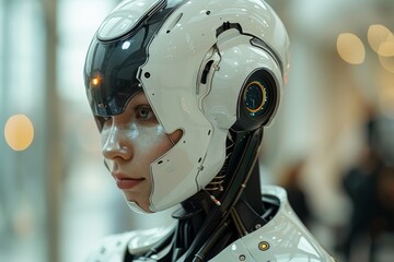 Poster - This image features a detailed close-up of a futuristic robotic head with sophisticated design elements, highlighting technology