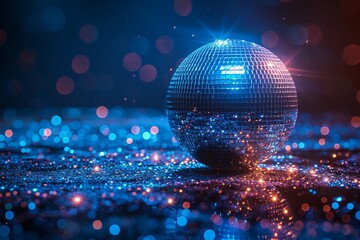 Poster - This vibrant image captures a glittery disco ball reflecting blue bokeh lights creating a festive, party atmosphere