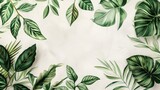 Fototapeta Młodzieżowe - Hand drawn green exotic leaves border frame background with place for text. Ecology, healthy environment, nature, decoration, beauty product concept design backdrop