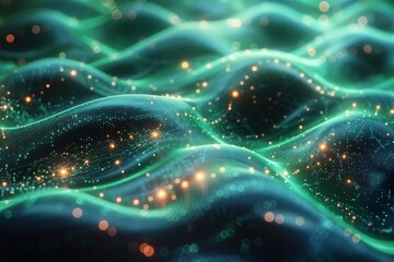 Poster - A dynamic illustration of luminous green waves with sparkling light points, suggesting digital growth and energy