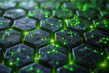 Poster - This image showcases a close-up of a seamless hexagonal pattern with glowing green edges, symbolizing cutting-edge technology