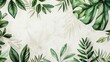 Hand drawn green exotic leaves border frame background with place for text. Ecology, healthy environment, nature, decoration, beauty product concept design backdrop