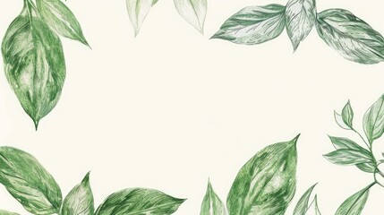 Wall Mural - Eco-friendly hand drawn border green leaves background with place for text. Ecology, healthy environment, nature, decoration, beauty product concept design backdrop