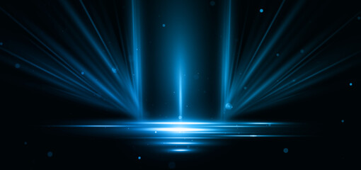 Abstract glowing blue diagonal lighting lines on dark  background with lighting effect and sparkle with copy space for text.
