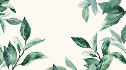 Wall Mural - Eco-friendly hand drawn border green leaves background with place for text. Ecology, healthy environment, nature, decoration, beauty product concept design backdrop
