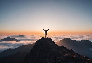 person standing on top of a mountain peak with arms raised, above the clouds during sunrise