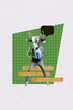 Composite trend artwork sketch photo collage of young incognito person man walk hold in hand birthday present headless cow head instead