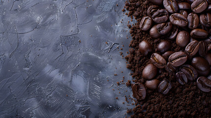Poster - Roasted coffee beans and ground coffee on  gray background  Copy space Directly above : Generative AI
