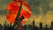 Artistic Jazz Saxophone Overlay on Grungy City Silhouette with Red Sun Background