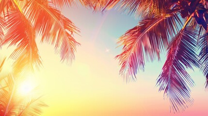 Summer vacation banner. Romantic vibes of tropical palm tree sunlight on sky background. Outdoor sunset exotic foliage closeup nature landscape. Coconut palm trees shining sun over bright sky panorama