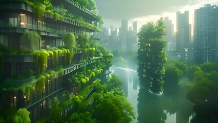 Aufkleber - A tall building is covered in a plethora of vibrant plants growing on its facade.