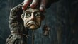 On a dark background, a hand manipulates a puppet.