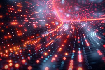 Poster - This digital abstract image features a vibrant array of glowing red and blue lights converging into a central point