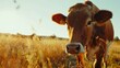 On a sunny day, a cow grazes with a bell on his neck