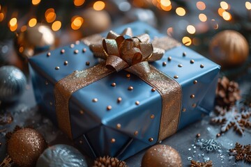 Poster - Closeup of a beautifully wrapped Christmas gift with sparkling decorations amidst a festive backdrop with glowing lights