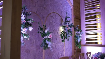 Sticker - a beautiful wedding table with decor of flowers food and drinks for an banquet in the restaurant