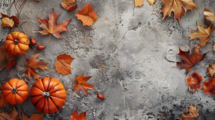 Aufkleber - Thanksgiving and Autumn decoration concept made from autumn leaves and pumpkin on stone background Flat lay top view with copy space : Generative AI