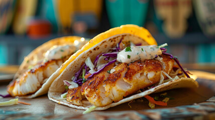 Wall Mural - Fish tacos on a plate with garnish